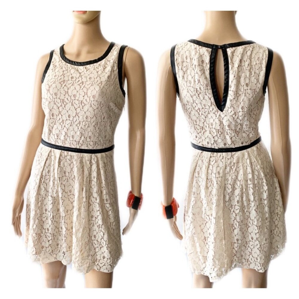 Speechless Cream Lace Babydoll Dress Sz 13 Juniors Black Faux Leather Waist